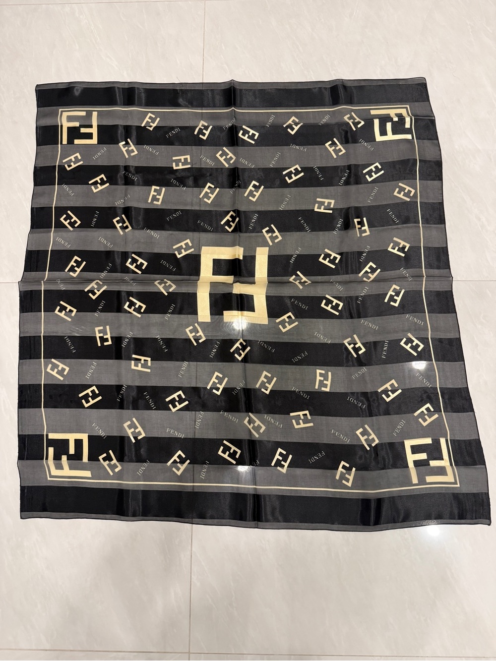 Fendi Black and Beige FF Logo Silk Scarf